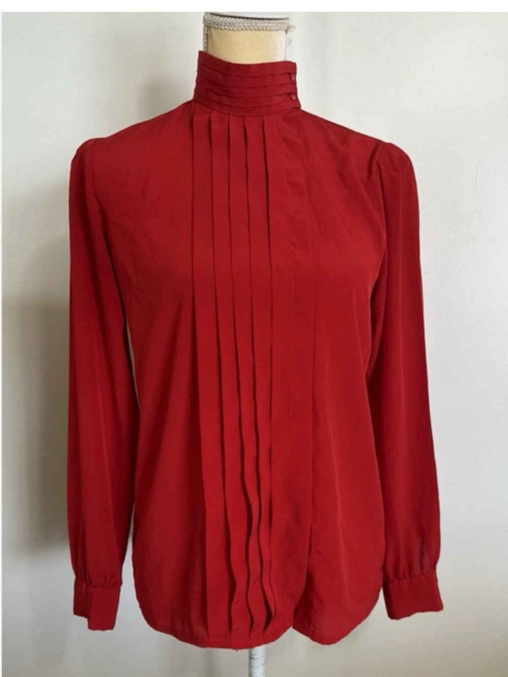 Vintage 80s Red Pleated Blouse Size 4 High Neck La Chine Classic Galinda Wang